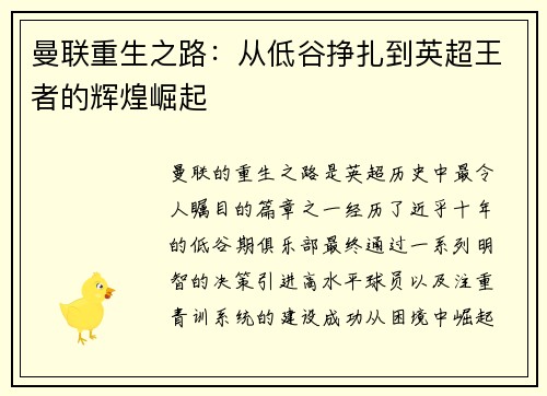 曼联重生之路：从低谷挣扎到英超王者的辉煌崛起